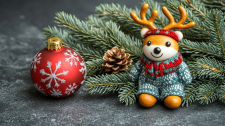 A cute bear figure with antlers sits beside a festive ornament and pinecones.の素材