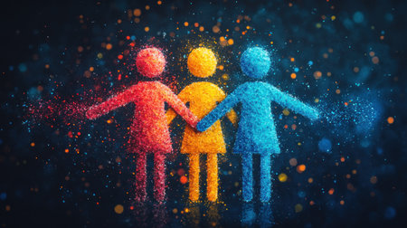 Three bright figures symbolize unity and joy against a colorful backdrop.の素材