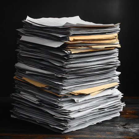 A large pile of assorted papers sits on a dark wooden surface in low light.の素材