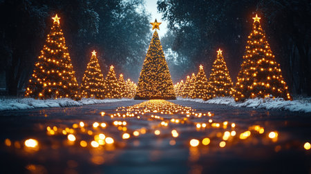 Christmas trees sparkle warmly on a frosty path, adding to the festive vibe.の素材