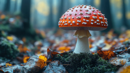 A red mushroom with white spots stands out among vibrant fallen leaves in a forest.の素材