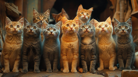 A delightful gathering of playful kittens, curious and full of energy, in a snug corner.の素材