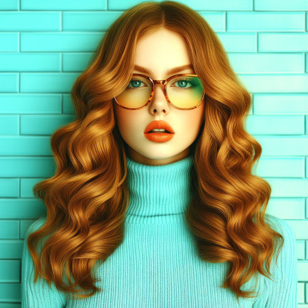 A stylish woman with wavy hair and glasses stands against a turquoise backdrop.の素材