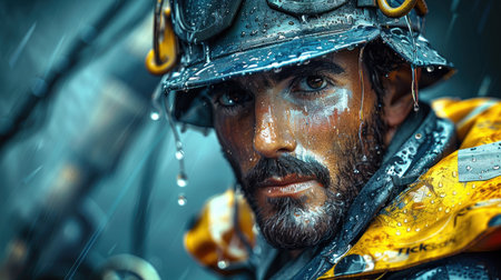 A determined sailor faces heavy rain and rough seas with strength and endurance.の素材