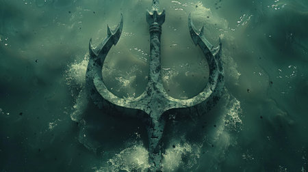 A trident lies beneath dark waters, creating an enchanting scene of mystery and allure.の素材