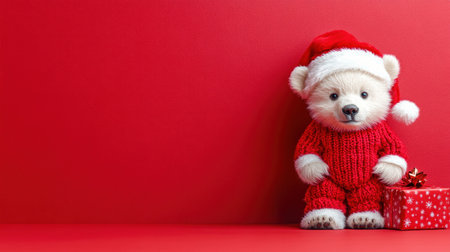 A playful red dressed teddy bear sits with a small gift, celebrating the holiday.の素材