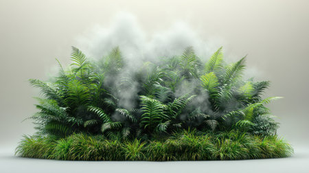 Dense ferns and lush plants thrive in a soft mist, evoking a tranquil forest atmosphere.の素材