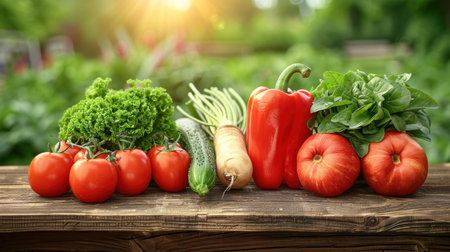 Colorful vegetables line a wooden table, showcasing nature's bounty at dusk.の素材