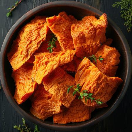 Crunchy sweet potato slices, beautifully arranged and garnished with green herbs.の素材