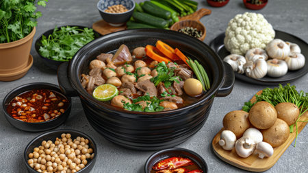 A tasty stew with meat, eggs, and herbs, served with fresh veggies.の素材