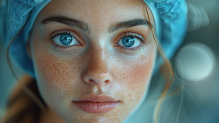 Young woman with blue eyes and freckles gazes calmly at the camera.の素材