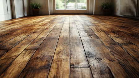 Sunlight pours into a warm room, highlighting the rich texture of the wooden floor.の素材