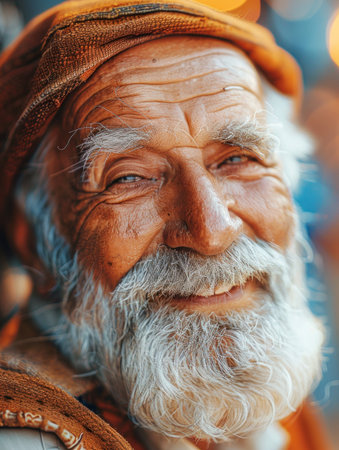 Joyful elder with a warm smile enjoying the vibrant atmosphere of a bustling market.の素材