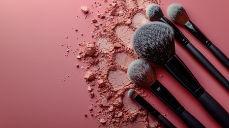 Makeup brushes lay on a soft pink surface beside scattered powder, showcasing artistry.の素材