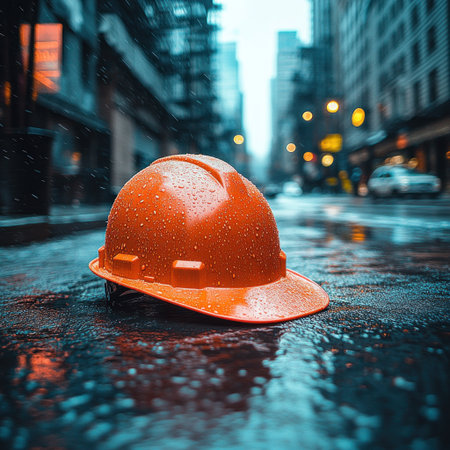 A bright orange hard hat lies on a rain slicked city street during early evening.の素材