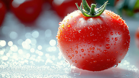 A bright red tomato covered in droplets is featured in a sunlit outdoor garden.の素材