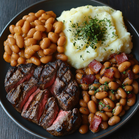 A well cooked steak on a plate beside fluffy mashed potatoes and baked beans.の素材