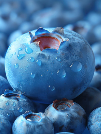Fresh blueberries are covered in sparkling dew, showcasing their rich blue color at dawn.の素材