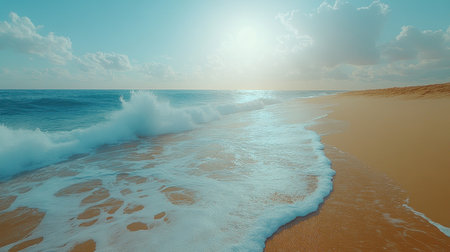 Sunlight glimmers on ocean waves as they roll onto a tranquil sandy beach.の素材