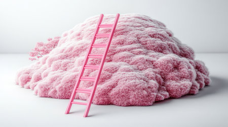 A whimsical pink cloud rises softly, inviting exploration with a vibrant ladder nearby.の素材