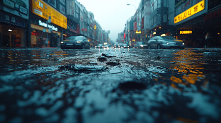 Raindrops fall on city streets, creating reflections and a tranquil atmosphere at dusk.の素材