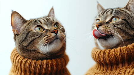 Two cute cats with green eyes wear warm sweaters while being playful at homeの素材