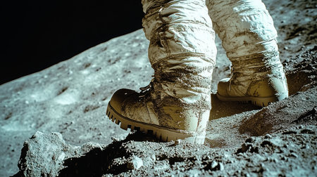 Astronaut boots leave prints on the moon's dusty surface under the vast black sky.の素材