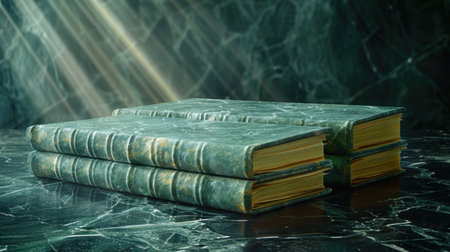 Vintage books with green leather covers sit on dark marble, bathed in warm light.の素材