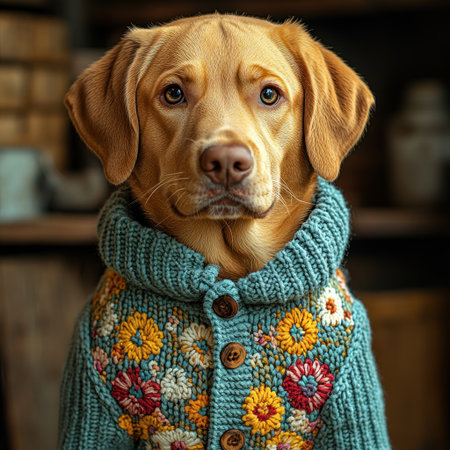 A lovely dog poses gracefully in a colorful sweater surrounded by warm decor.の素材
