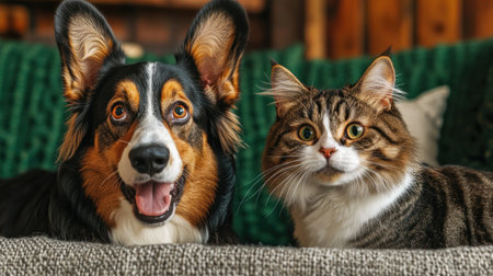 Two furry friends enjoy a peaceful afternoon together on a soft couch.の素材