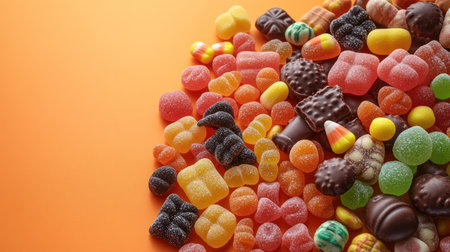 Colorful candies are scattered on a bright orange surface, tempting candy lovers.の素材