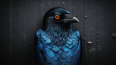 A beautiful bird with bright blue plumage stands still against a dark background.の素材