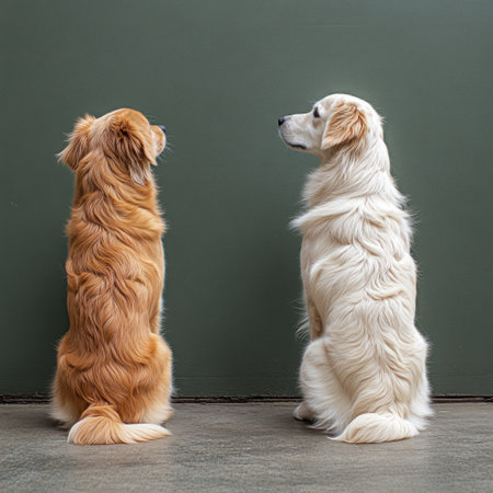 Two dogs sit calmly beside each other, gazing at a simple green wall in a peaceful room.の素材