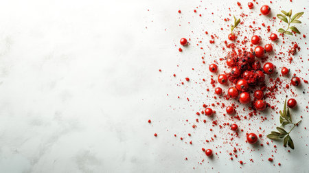 Bunches of ripe red berries arranged in a beautiful, artistic manner on white.の素材