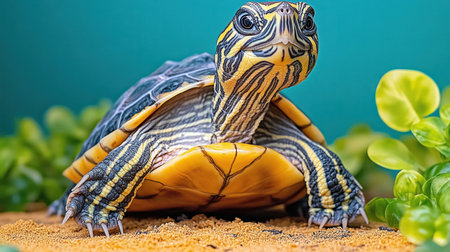 A turtle roams freely over warm sand while surrounded by bright green foliage.の素材