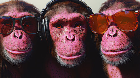 Three lively monkeys in sunglasses enjoy music with playful expressions.の素材