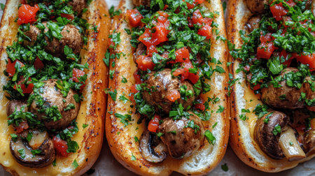 Delicious mushroom sandwiches garnished with fresh herbs and tomatoes ready for enjoyment.の素材