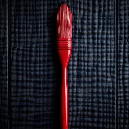 A bright red brush rests on a dark textured background, highlighting the art of painting.の素材