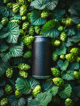 A dark can rests among vibrant green hops and leafy plants outdoors.の素材