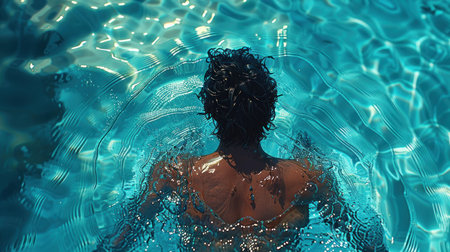 A person enjoys a refreshing swim, creating ripples in the clear blue pool.の素材