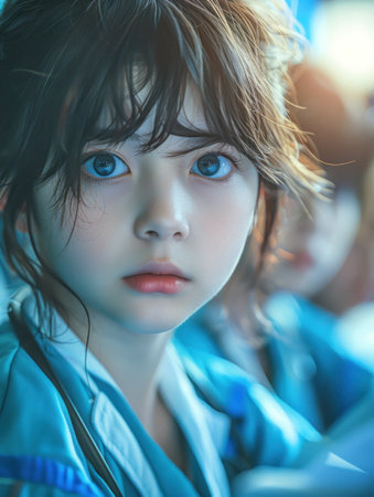 A girl with bright blue eyes curiously gazes at something in a colorful classroom.の素材