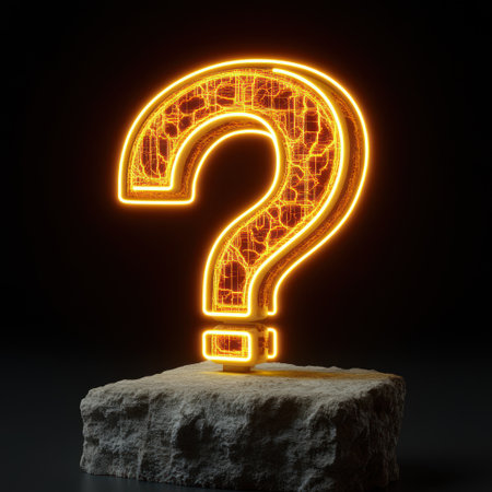 A glowing question mark on stone brightens the surrounding darkness.の素材