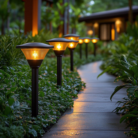 Soft lights line the path, reflecting on wet stones and adding tranquility.の素材