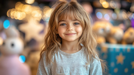 A cheerful young girl smiles warmly while surrounded by soft toys in a lively space.の素材