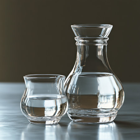 A glass pitcher and cup sit on a table, reflecting soft light in a serene setting.の素材
