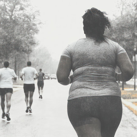 Athletes jog together on a rainy city street, united in their workout commitment.の素材
