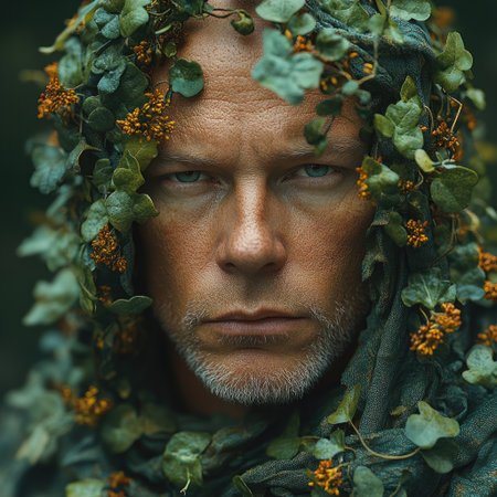 A man with a serious expression is wrapped in leaves and vines, blending into nature.の素材
