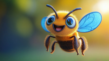 A happy bee buzzes through a bright, sunny garden on its adventure.の素材