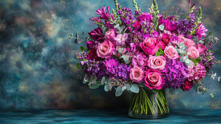 A vibrant mix of purple and pink flowers fills a clear vase.の素材