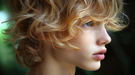 Curly haired youth gazes thoughtfully, embraced by soothing greenery outside.の素材